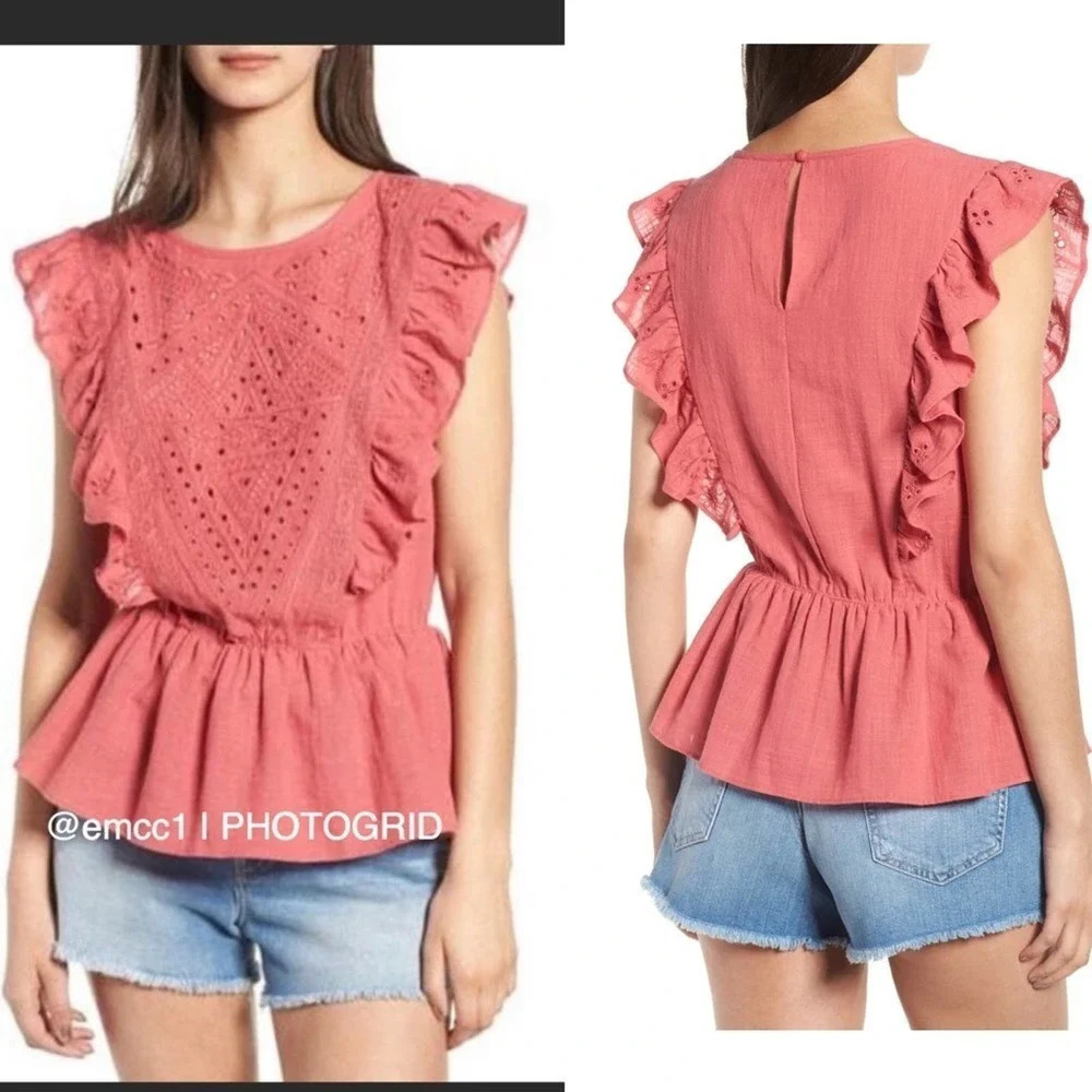 Hinge Nordstrom Eyelet Ruffle Peplum Top Blouse M v6x